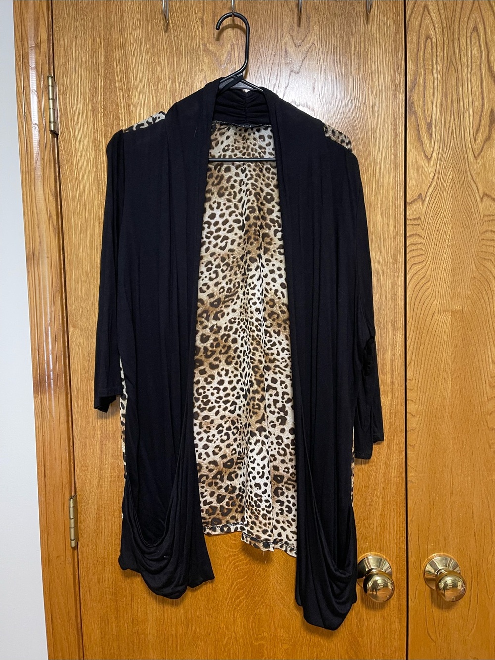 Deb Black Open-Front Cardigan with Leopard Print Lining